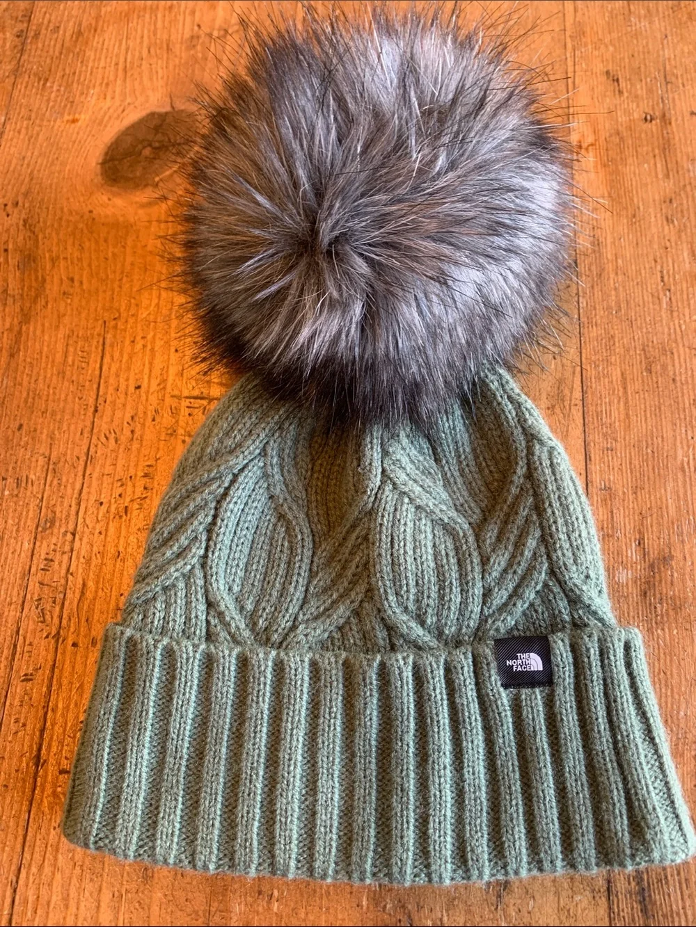 The North Face Kids Sage Green Cable Knit Pom Beanie